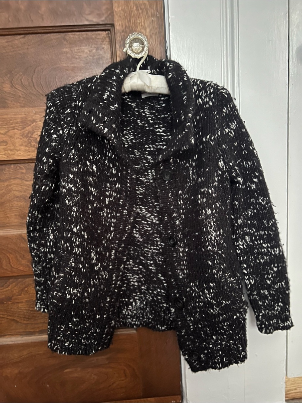 Madewell Black & White Speckled Button-Front Wool Blend Cardigan